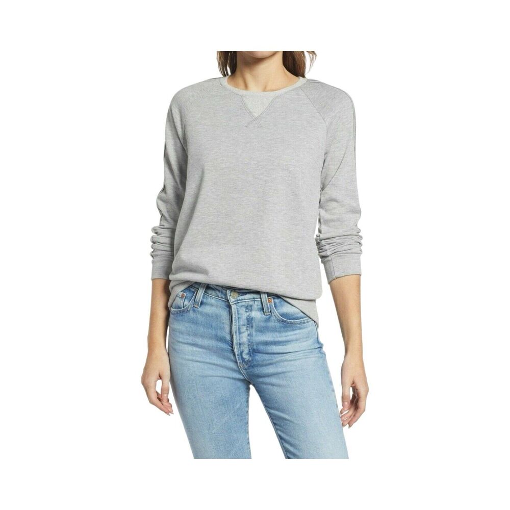 Everleigh Stripe Trim‎ Sweatshirt Pullover Cotton Blend Comfy Cozy Size Med Grey